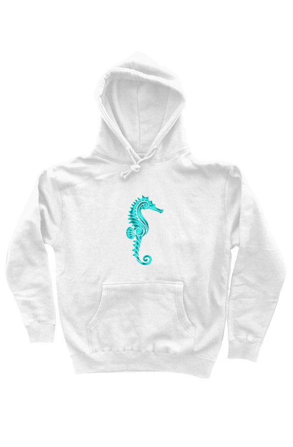 Seahorse unisex pullover hoodie-white and teal
